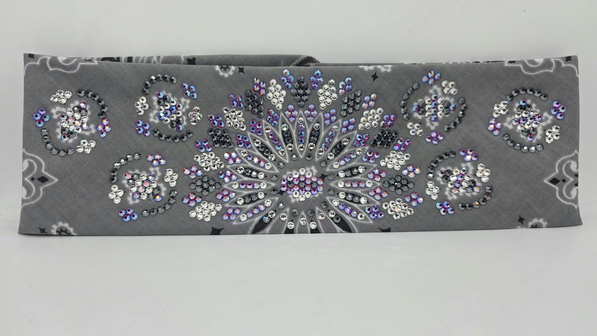 Super LeeAnnette Silver Paisley Bandana with Black, Fuchsia Shimmer and Clear Austrian Crystals (S48199)