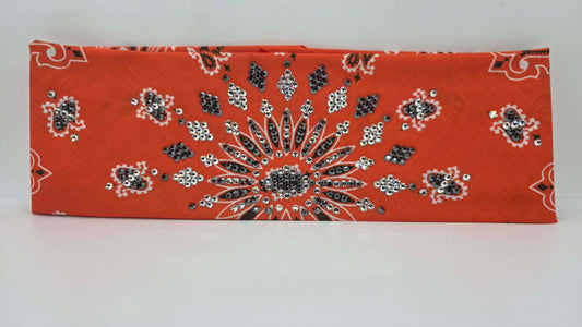 LeeAnnette Orange Paisley Bandana with Black and Diamond Clear Austrian Crystals (L40266)