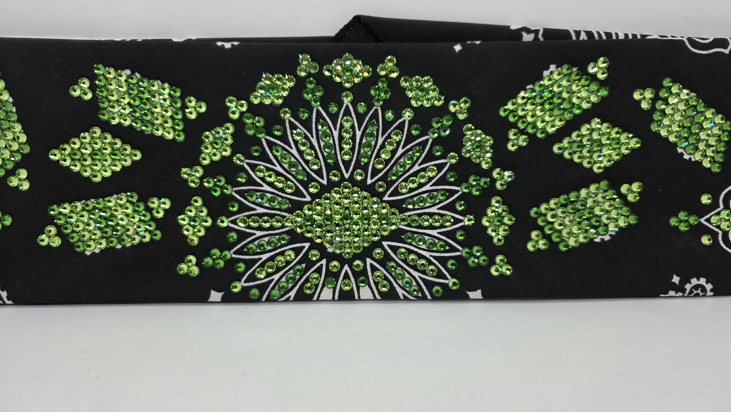 Super LeeAnnette Black Paisley Bandana with Light and Dark Green Austrian Crystals (S480102)
