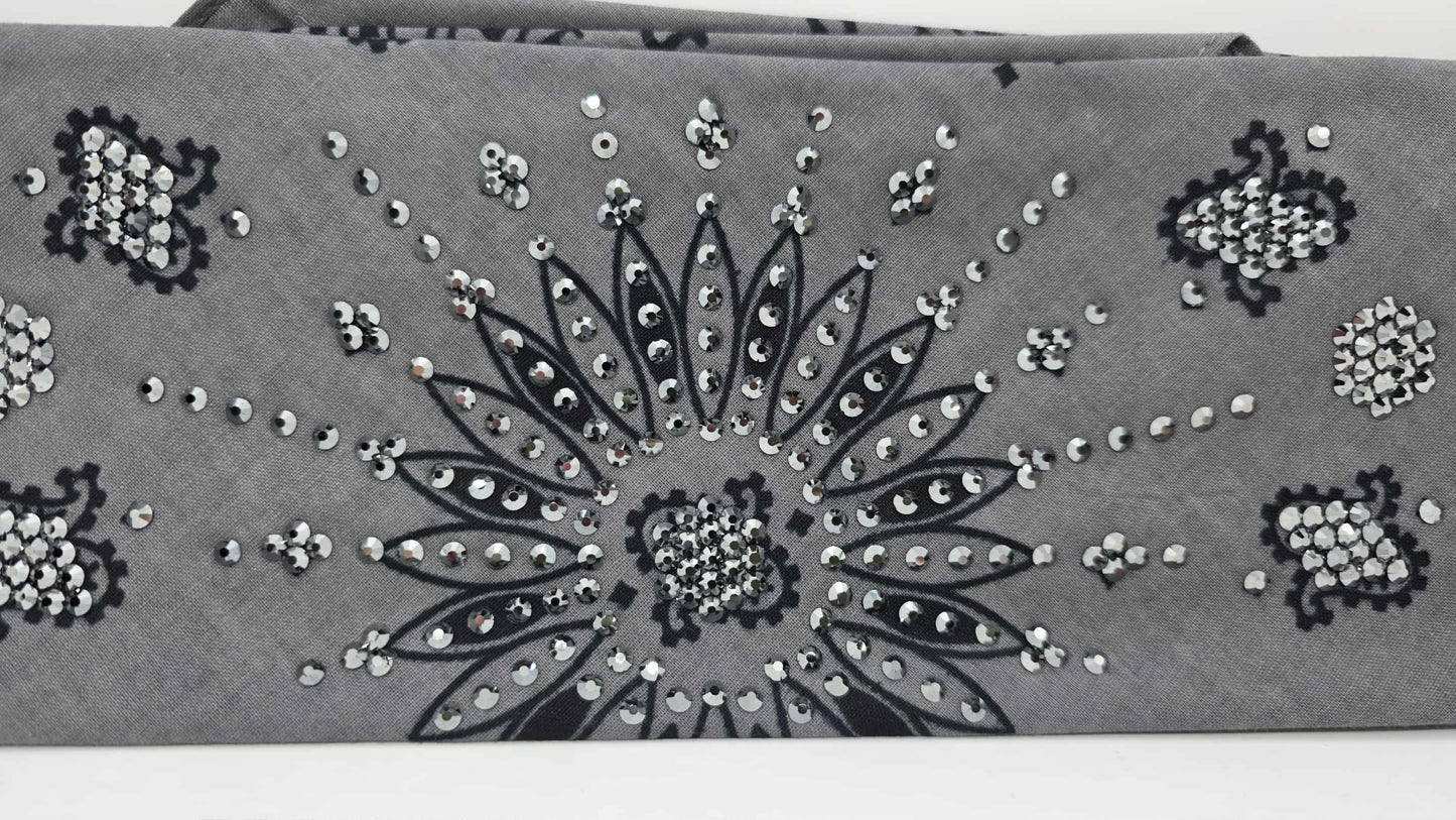 LeeAnnette Large Grey Paisley Bandana with Black Austrian Crystals (sku40113)