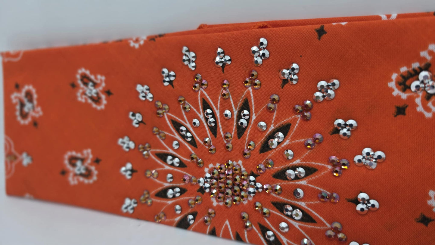 EXTRA BLING - Orange Paisley Bandana with Lava and Chrome Austrian Crystals (sku6391)