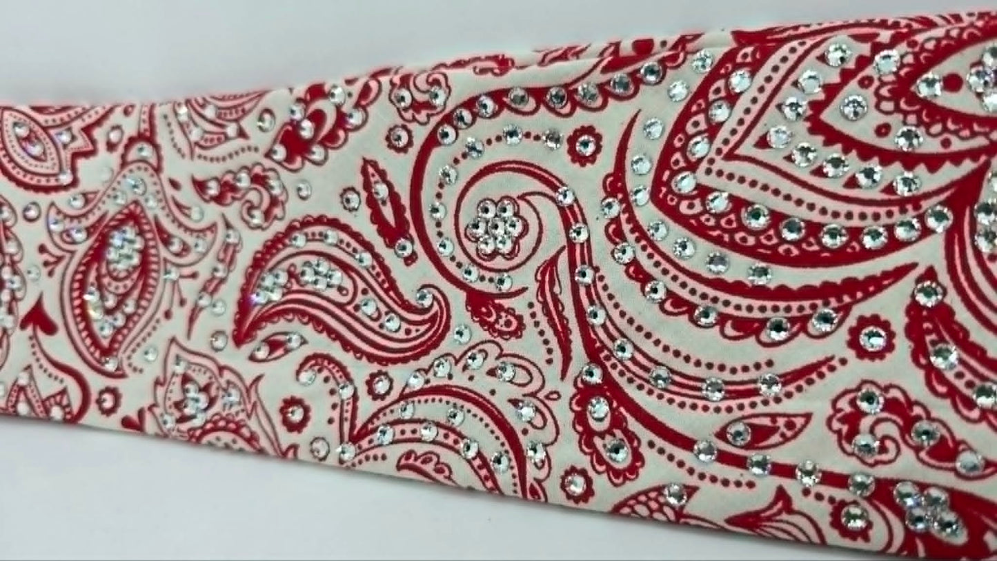 LeeAnnette Red on Cream Paisley Bandana with Diamond Clear Austrian Crystals (L40239)