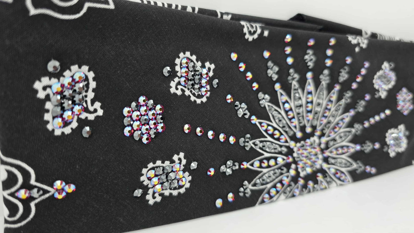 LeeAnnette Black Paisley Bandana with Red Shimmer and Black Austrian Crystals (sku40158)