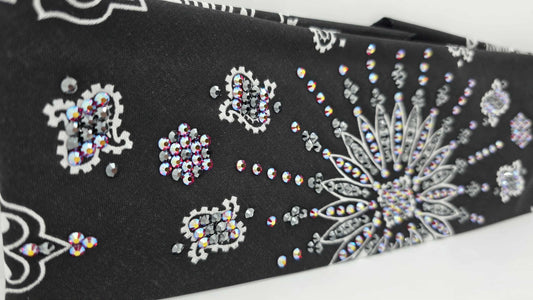 LeeAnnette Black Paisley Bandana with Red Shimmer and Black Austrian Crystals (sku40158)