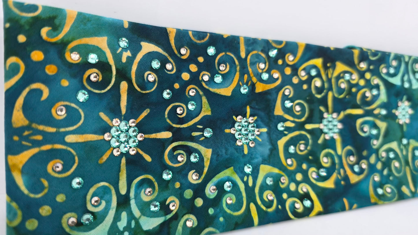 EXTRA BLING -Sea Green Batik Bandana with Honey and Caribbean Sea Austrian Crystals (E60108)