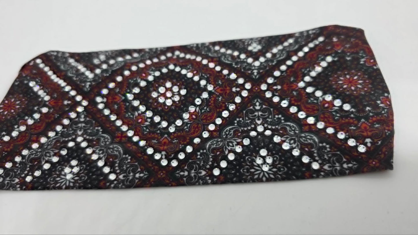 Stretchy Headband Red and Grey Paisley with Clear Crystals (Sku5479)