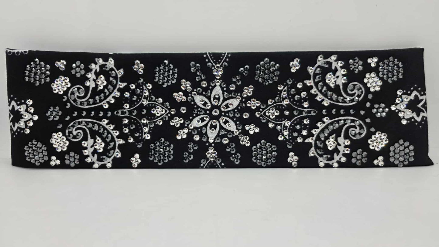 Super LeeAnnette Large Black Flower Bandana with Black and Diamond Clear Austrian Crystals (sku40105)