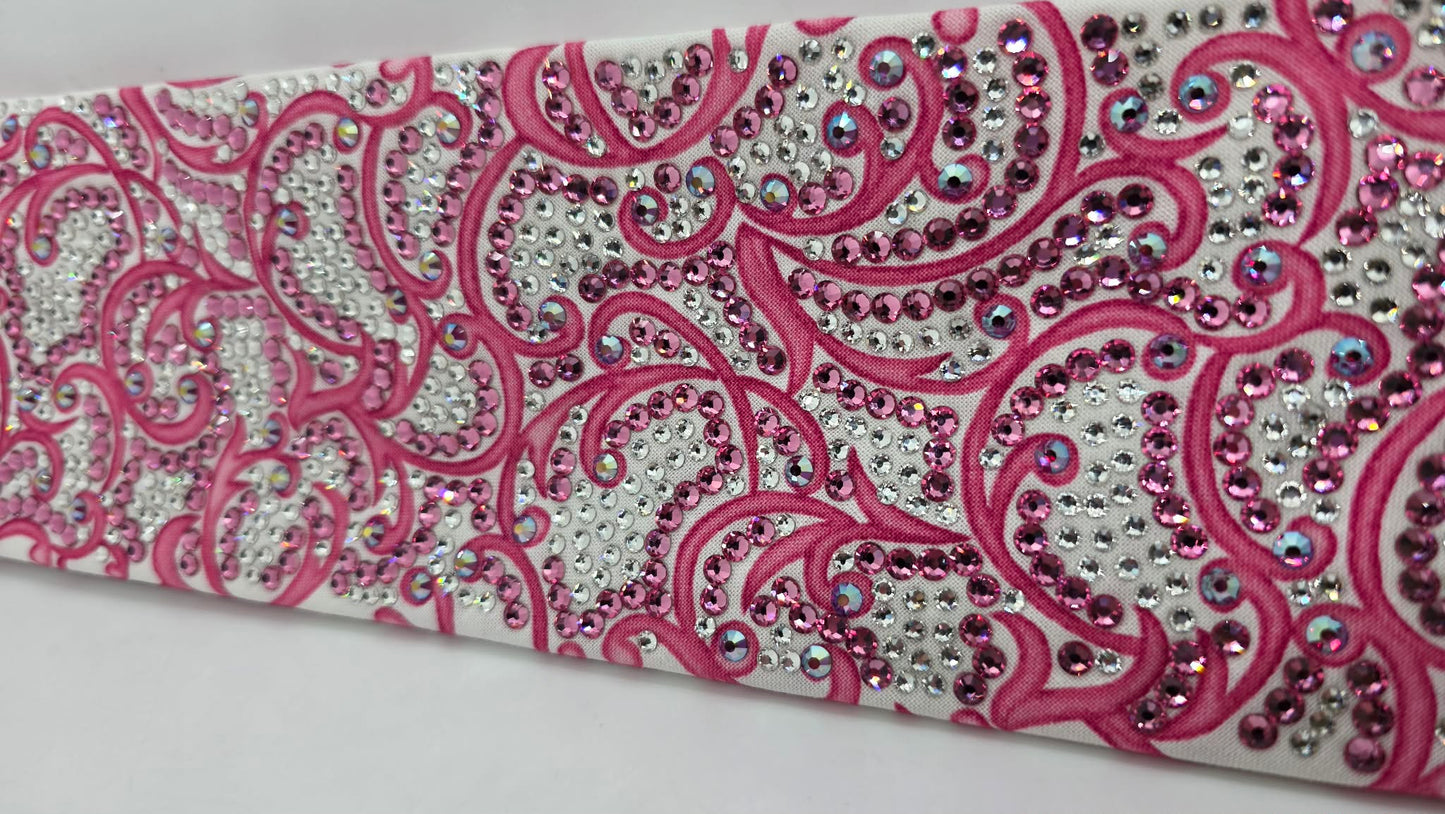 Super Duper LeeAnnette Pink Scrolls on White Bandana with Rose, Fuchsia Shimmer and Diamond Clear Austrian Crystals