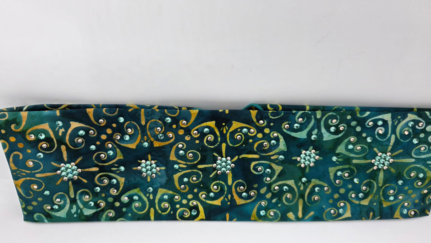 EXTRA BLING -Sea Green Batik Bandana with Honey and Caribbean Sea Austrian Crystals (E60108)