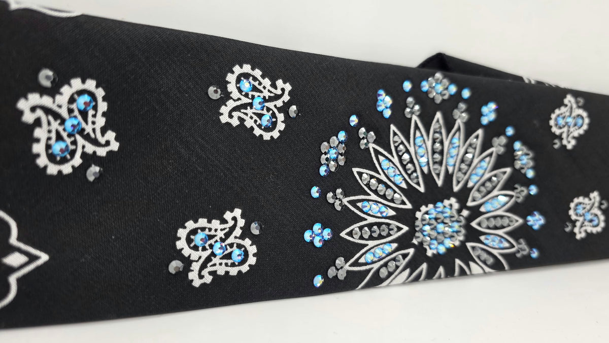 Black Paisley Bandana with Blue Shimmer and Black Austrian Crystals (E60170)
