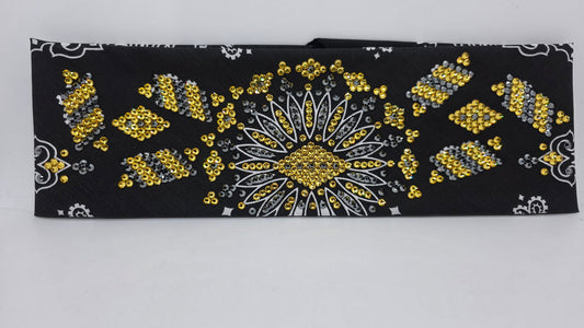 Super LeeAnnette Black Paisley Bandana with Golden Yellow and Black Austrian Crystals (S48120)