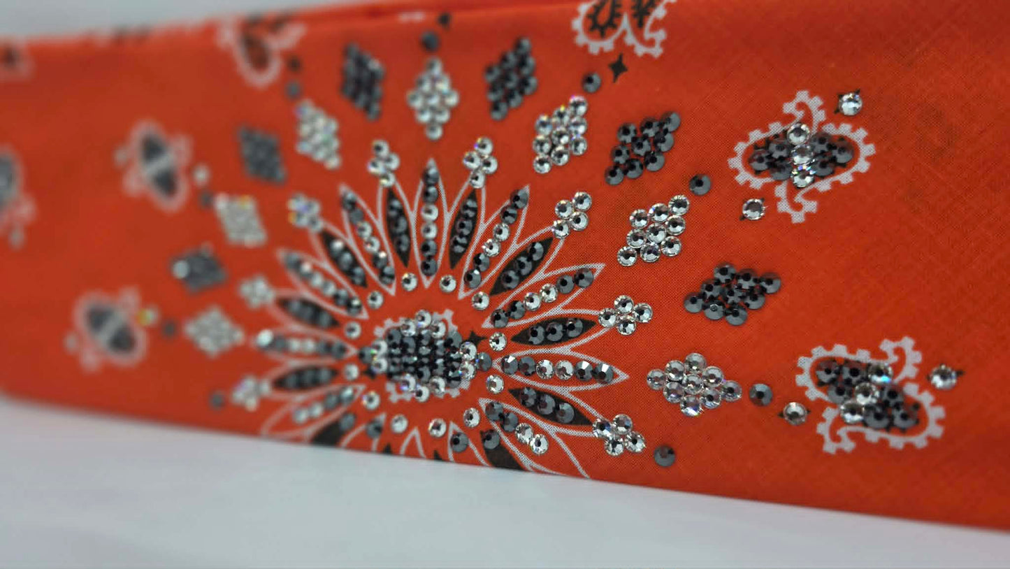 LeeAnnette Orange Paisley Bandana with Black and Diamond Clear Austrian Crystals (L40266)