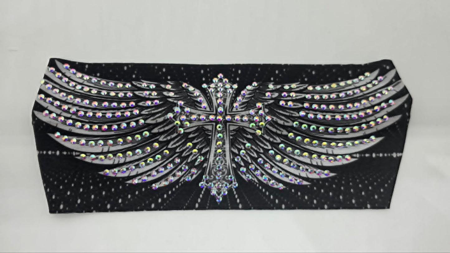 Stretchy Headband Cross and Wings on Black with Aurora Borealis Crystals (Sku5472)