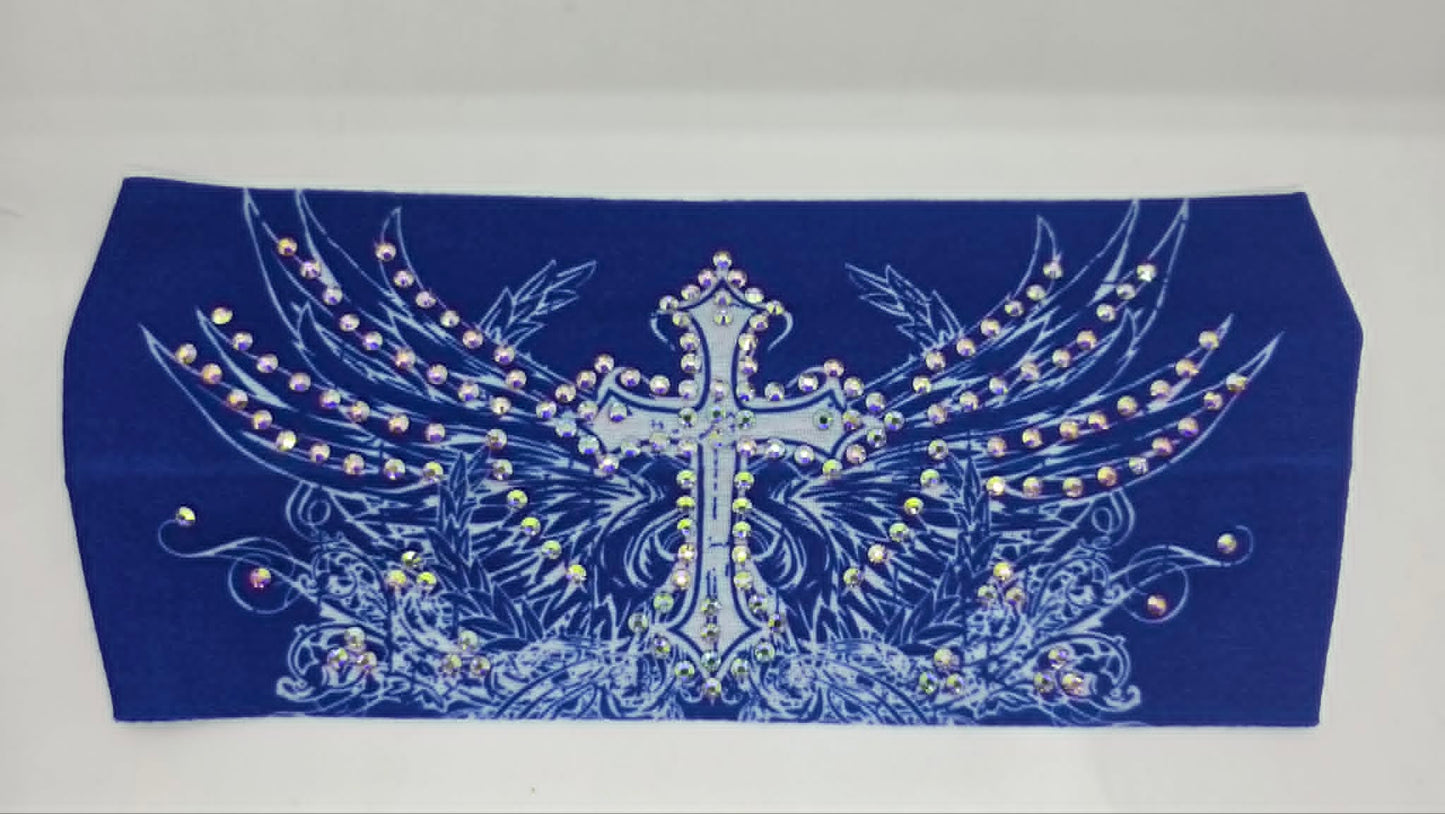 Stretchy Headband Cross and Wings on Blue with Aurora Borealis Crystals (Sku5471)