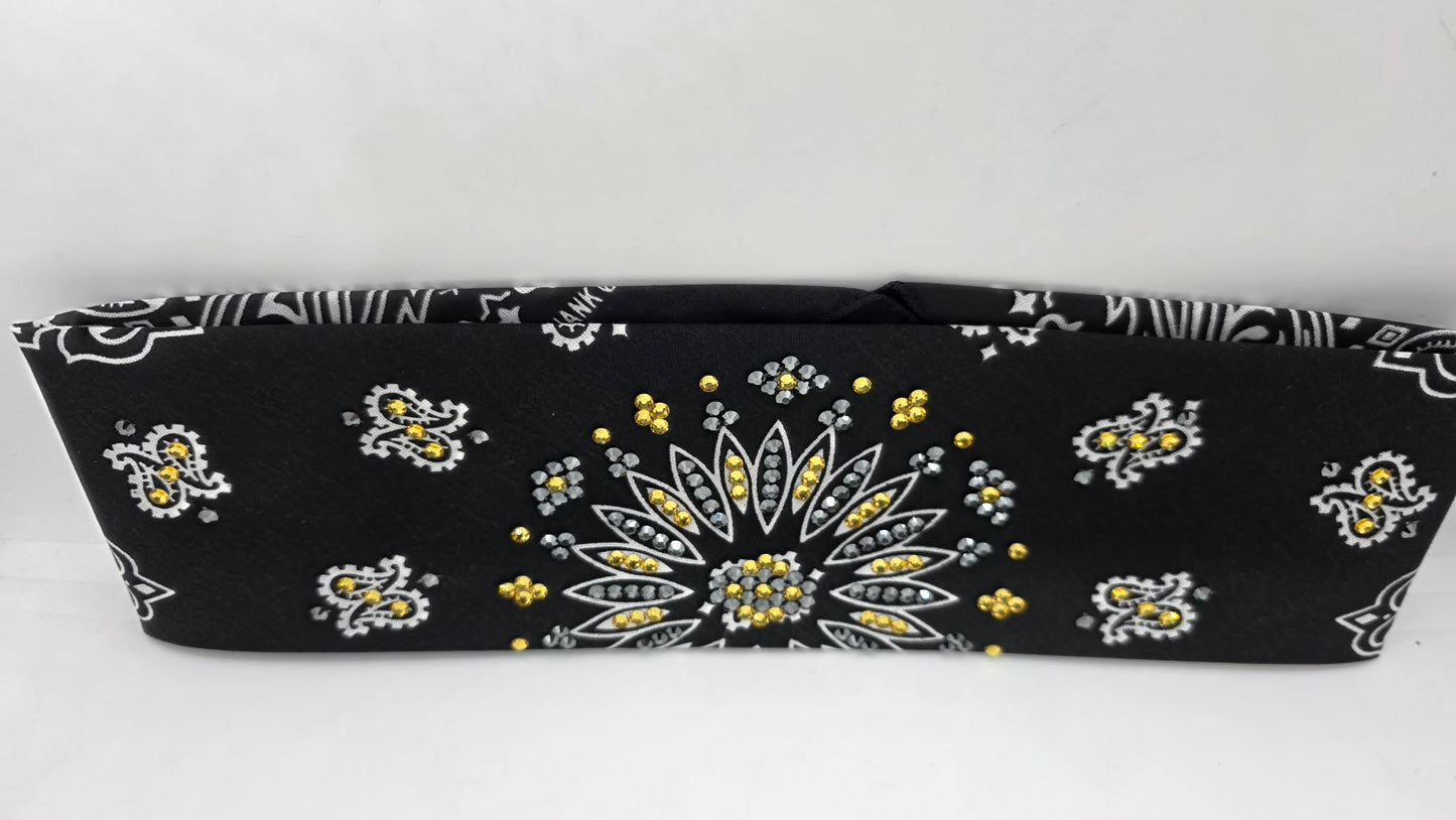 EXTRA BLING -Black Paisley Bandana with Golden Yellow and Black Austrian Crystals (E60110)