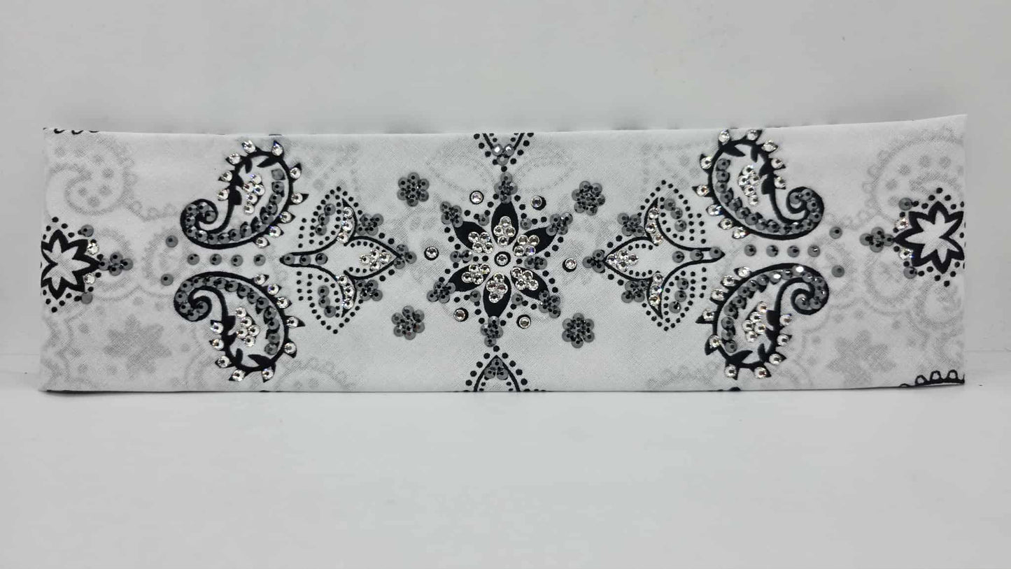LeeAnnette Large White Flower Bandana with Black and Diamond Clear Austrian Crystals (sku40101)