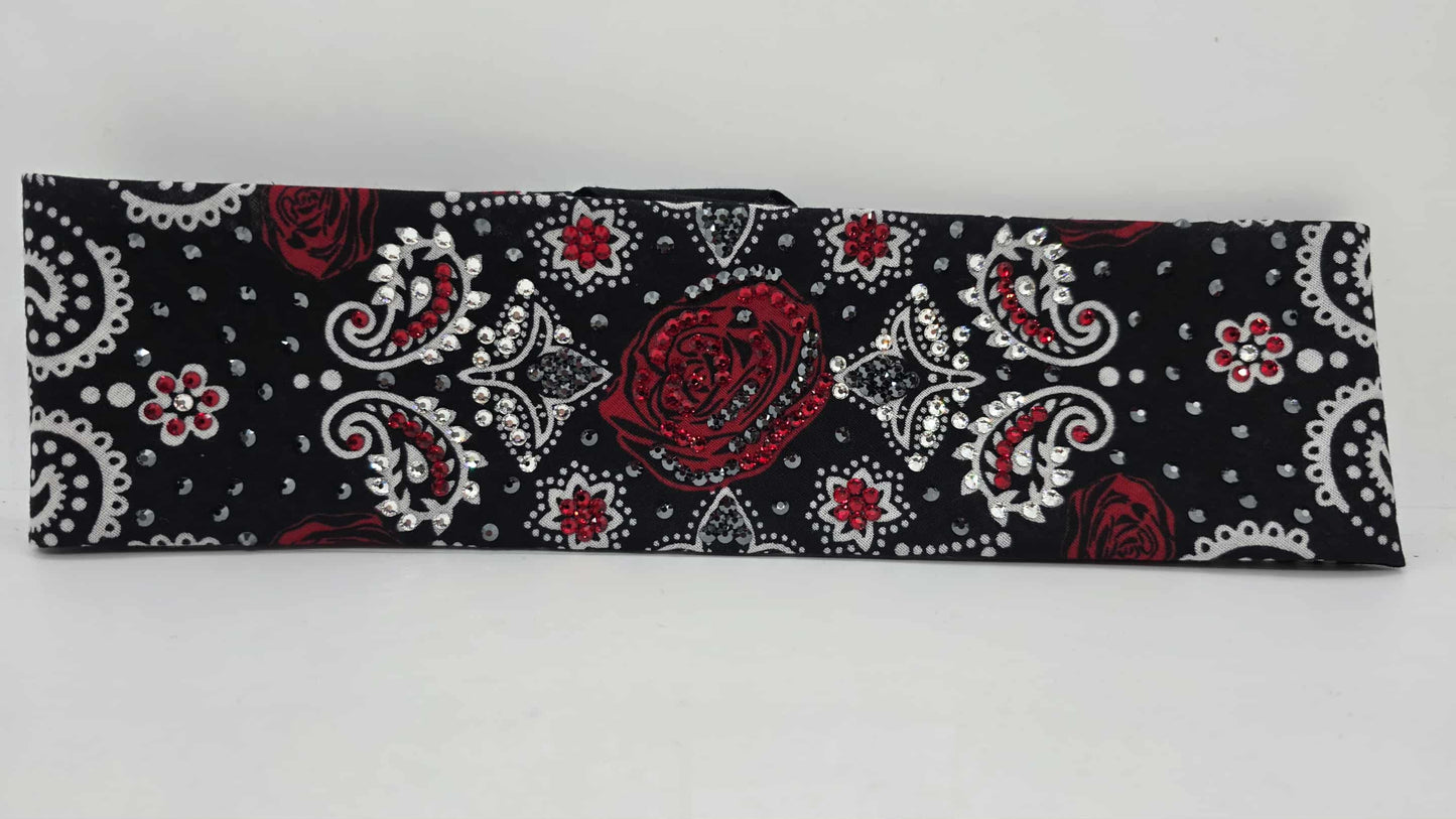 LeeAnnette Rose on Black Bandana with Red, Black and Diamond Clear Austrian Crystals (sku40110)