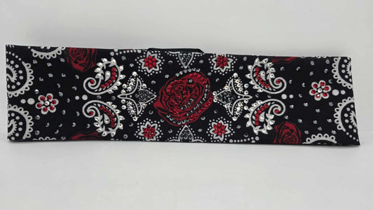 LeeAnnette Rose on Black Bandana with Red, Black and Diamond Clear Austrian Crystals (sku40110)