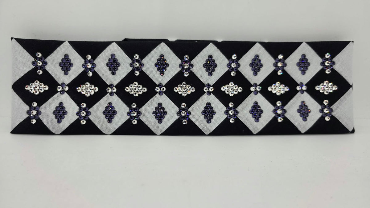LeeAnnette Black and White Checker Bandana with Purple and Diamond Clear Austrian Crystals (L40289)