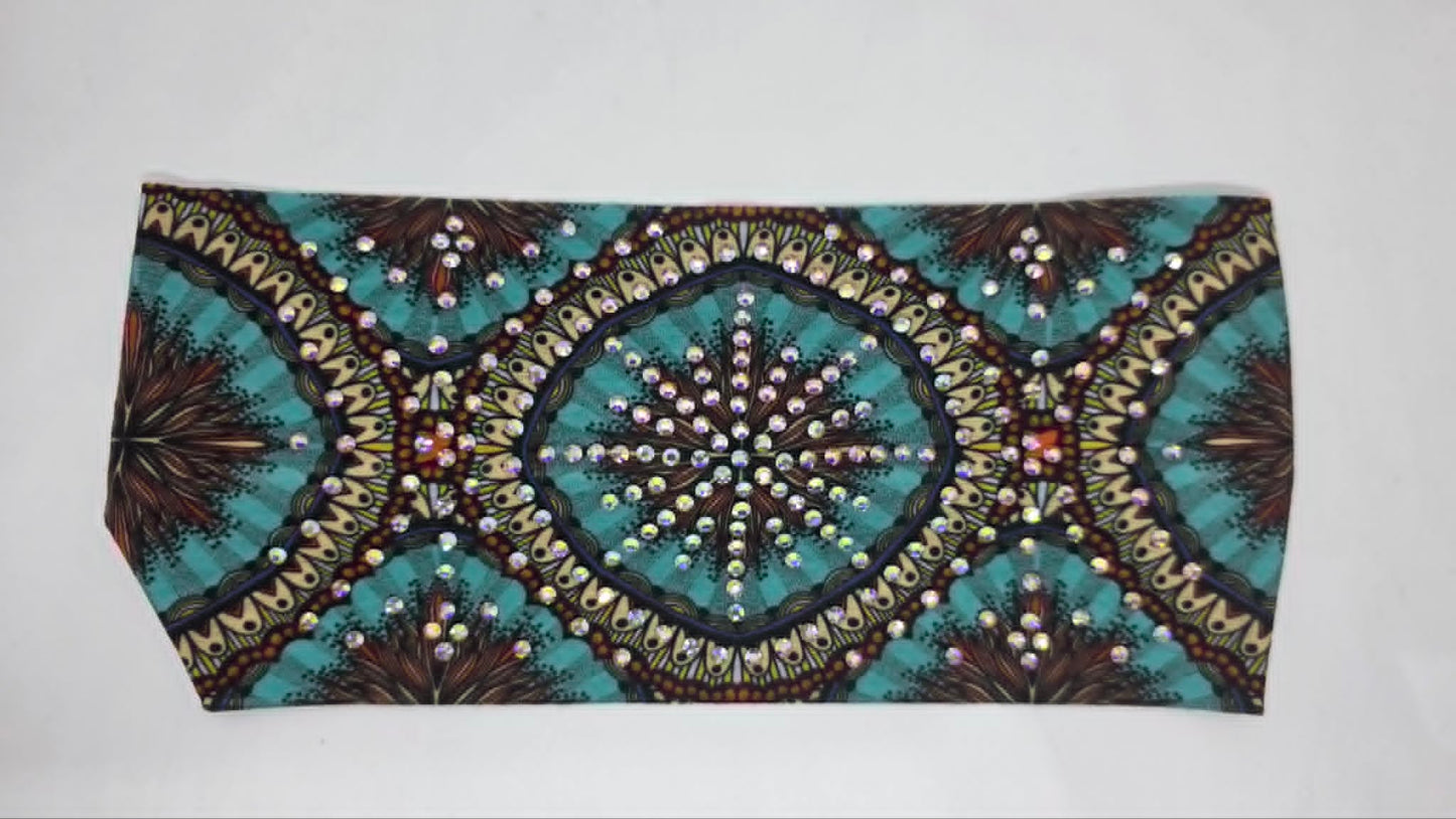 Stretchy Headband Sea Green Medallion with Aurora Borealis Crystals (Sku5473)