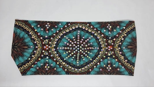 Stretchy Headband Sea Green Medallion with Aurora Borealis Crystals (Sku5473)