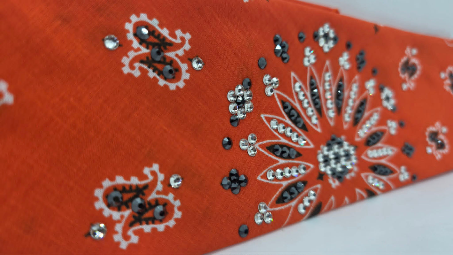 Orange Paisley Bandana with Black and Diamond Clear Austrian Crystals (E60153)