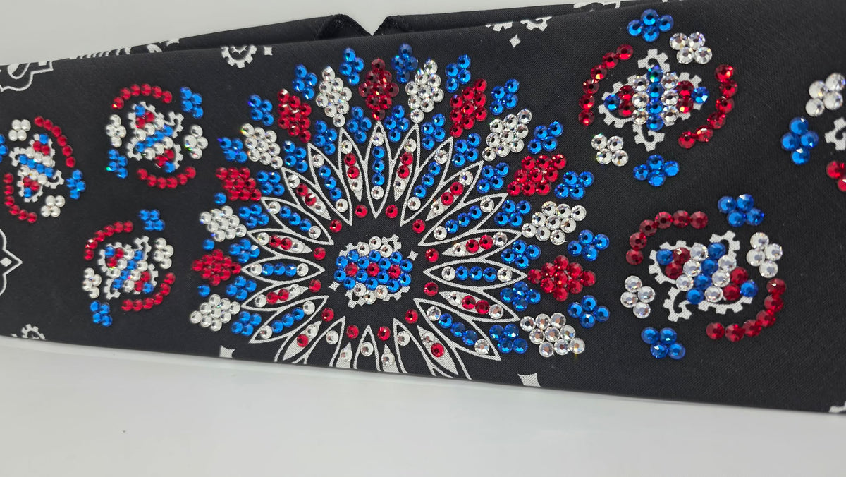 Super LeeAnnette Black Paisley Bandana with Blue, Red and Diamond Clear Austrian Crystals (S48179)