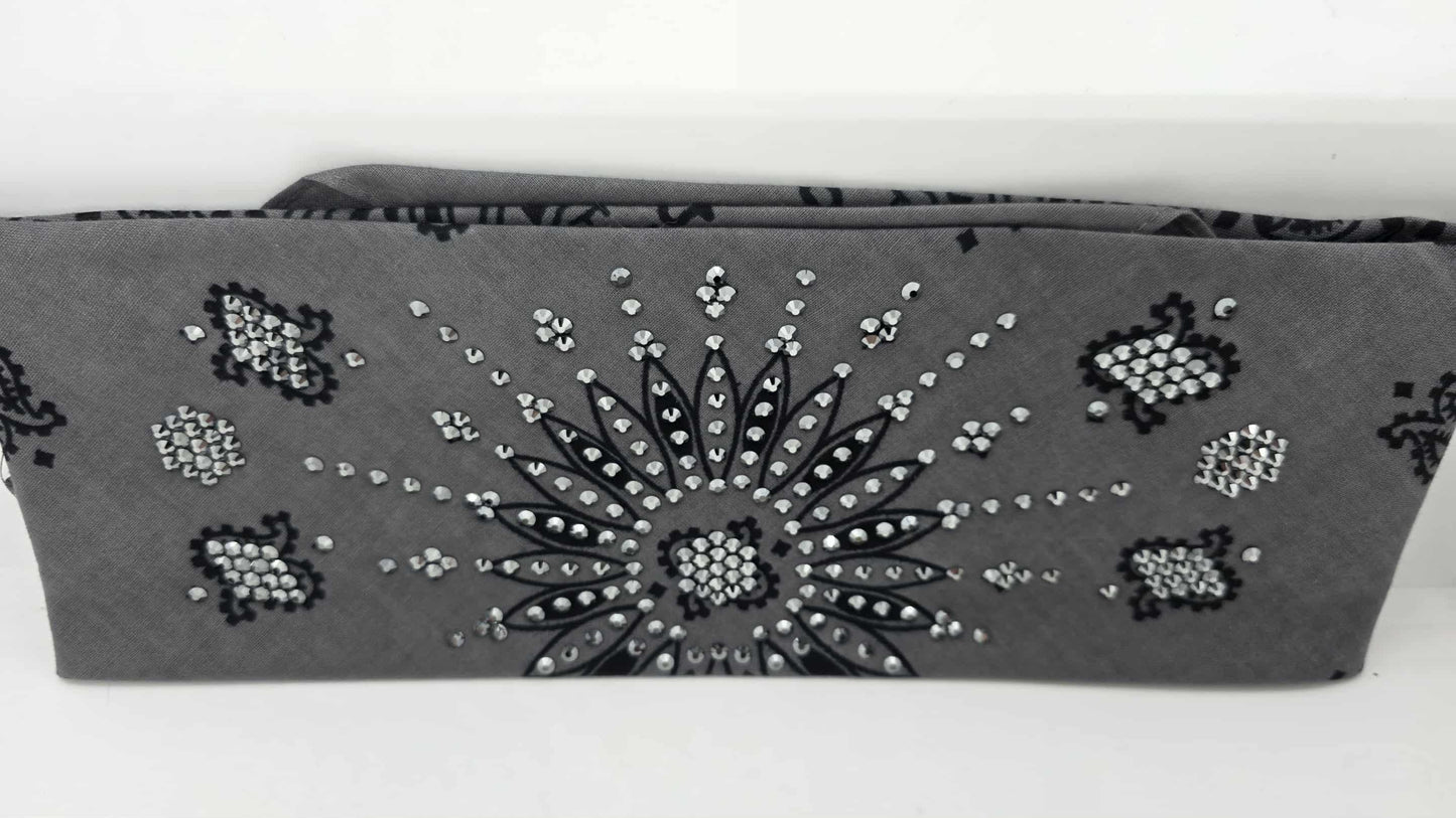 LeeAnnette Large Grey Paisley Bandana with Black Austrian Crystals (sku40113)