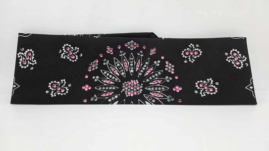 EXTRA BLING - Black Paisley Bandana with Black and Rose Austrian Crystals (sku6405)