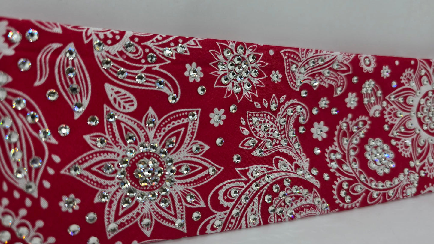 LeeAnnette White on Red Paisley Bandana with Diamond Clear Austrian Crystals (L40237)