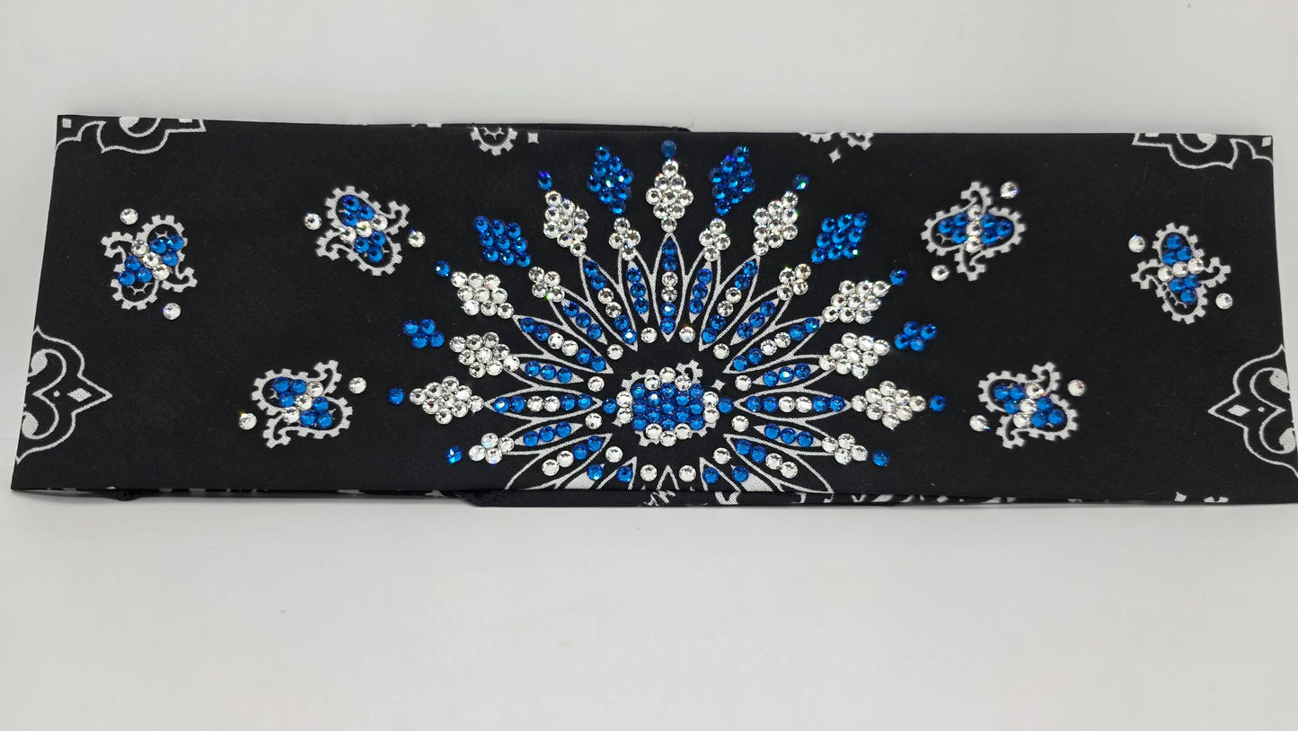 LeeAnnette Black Paisley Bandana with Capri Blue and Diamond Clear Austrian Crystals (L40253)