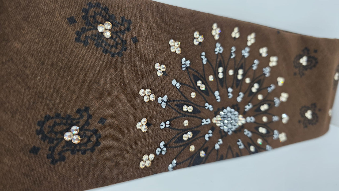 EXTRA BLING - Large Brown Paisley Bandana with Honey and Black Austrian Crystals (sku6408)