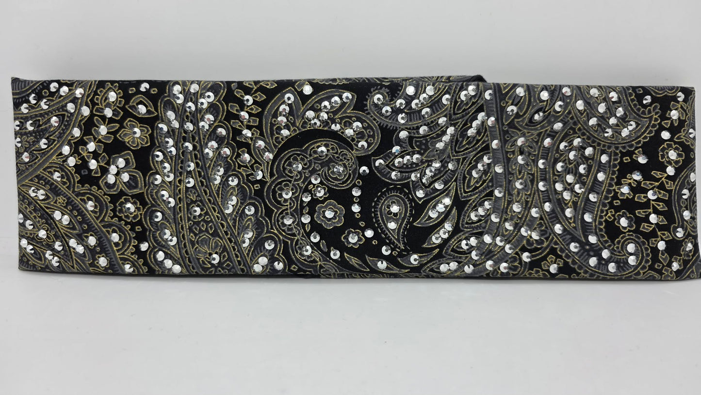 LeeAnnette Grey and Gold Paisley on Black Bandana with Chrome Austrian Crystals (L40220)