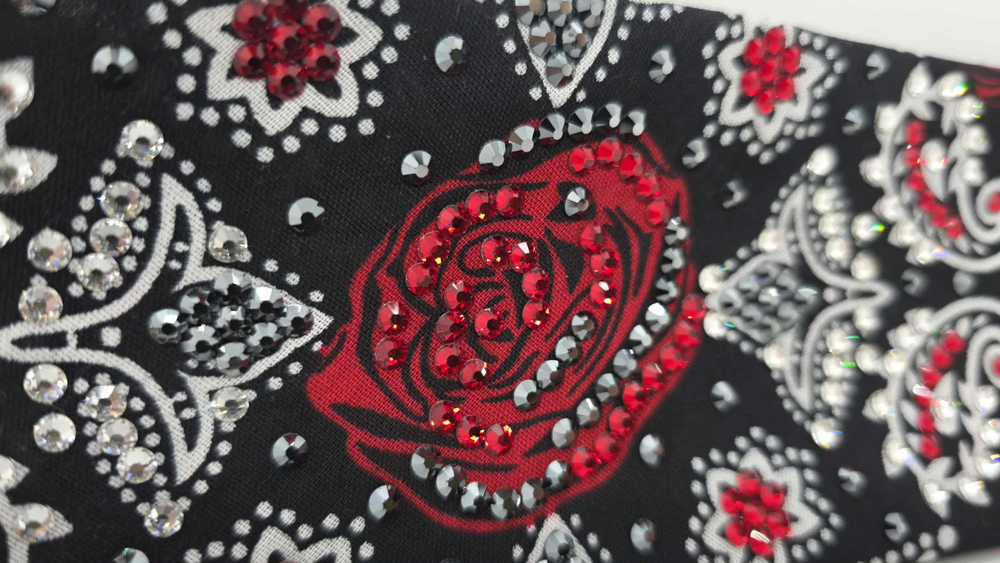 LeeAnnette Rose on Black Bandana with Red, Black and Diamond Clear Austrian Crystals (sku40110)
