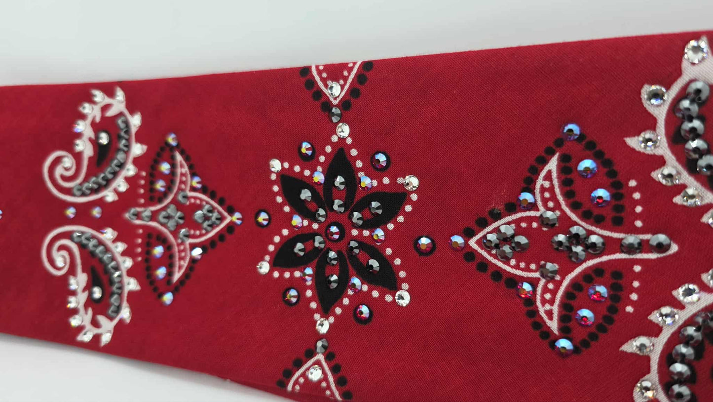 EXTRA BLING - Large Red Flower Bandana with Red Shimmer, Black and Diamond Clear Austrian Crystals (sku6401)