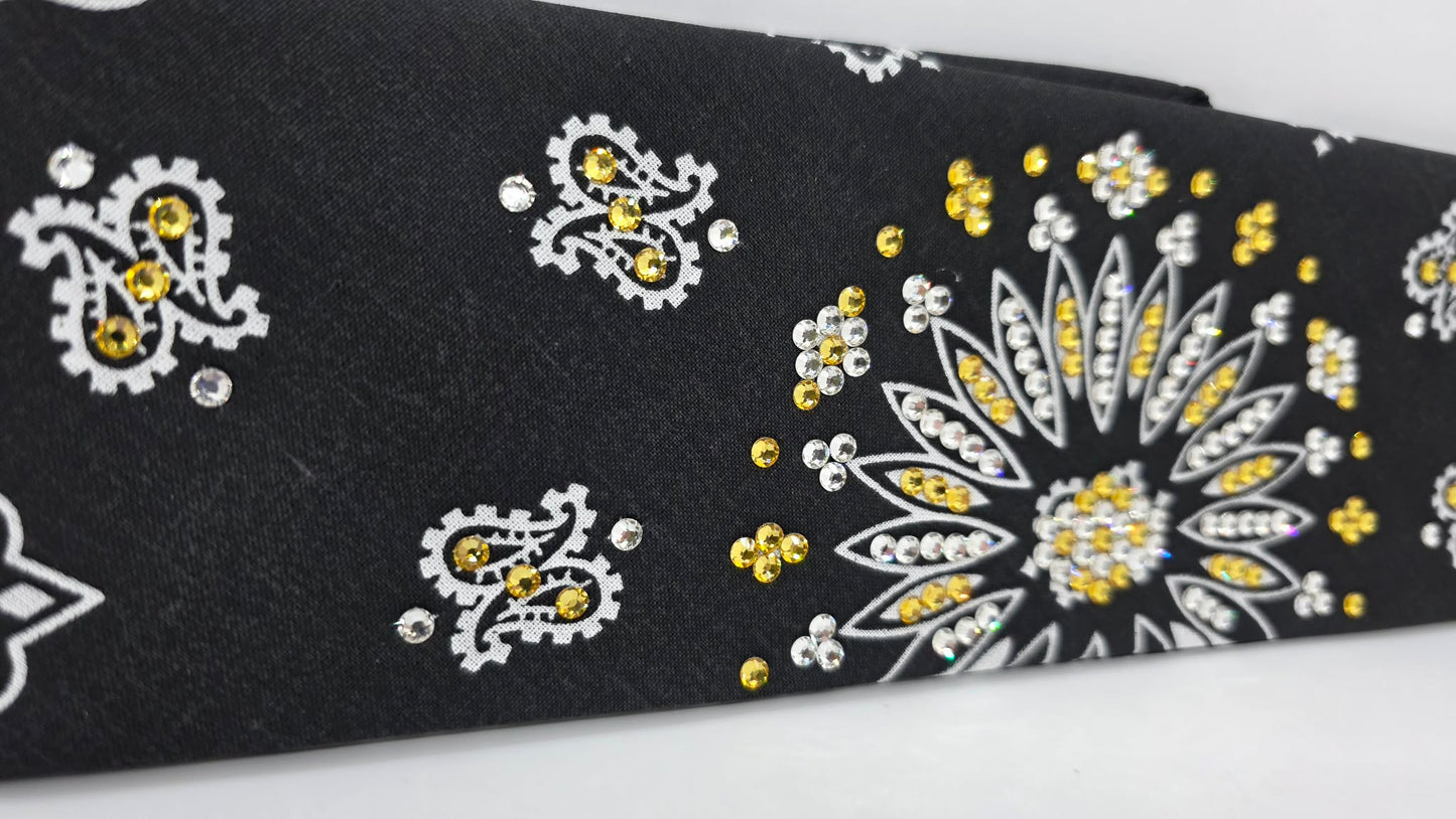 EXTRA BLING -Black Paisley Bandana with Golden Yellow and Diamond Clear Austrian Crystals (E60109)
