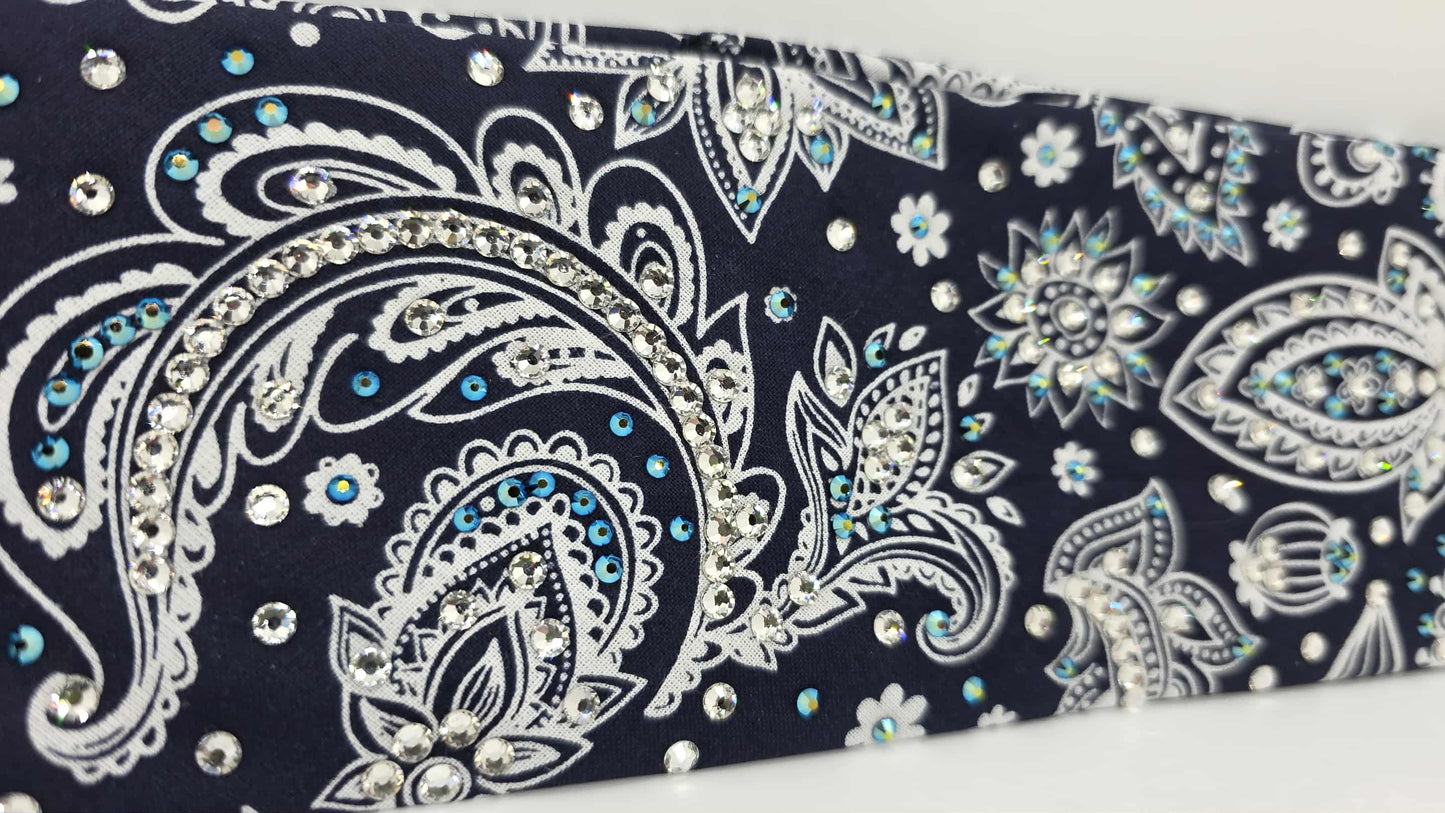 LeeAnnette Fancy Blue Paisley Bandana with Black Shimmer and Diamond Clear Austrian Crystals (sku40128)