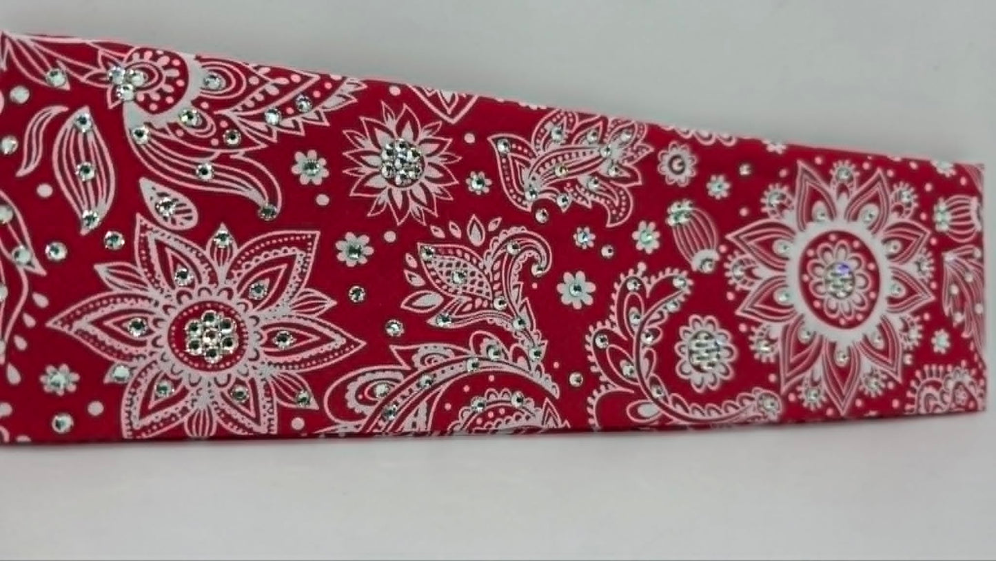 White on Red Bandana with Diamond Clear Austrian Crystals (E60136)