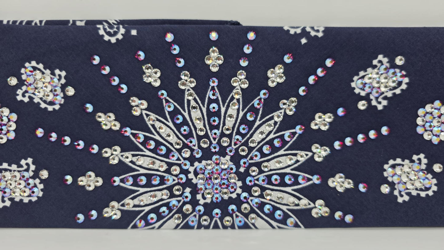LeeAnnette Navy Paisley Bandana with Red Shimmer and Diamond Clear Austrian Crystals (sku40093)