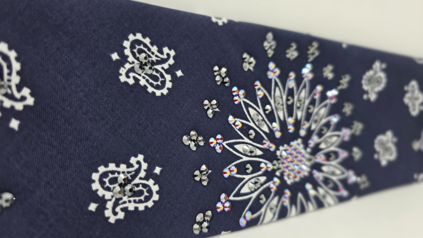 EXTRA BLING - Navy Paisley Bandana with Red Shimmer and Black Austrian Crystals (sku6394)
