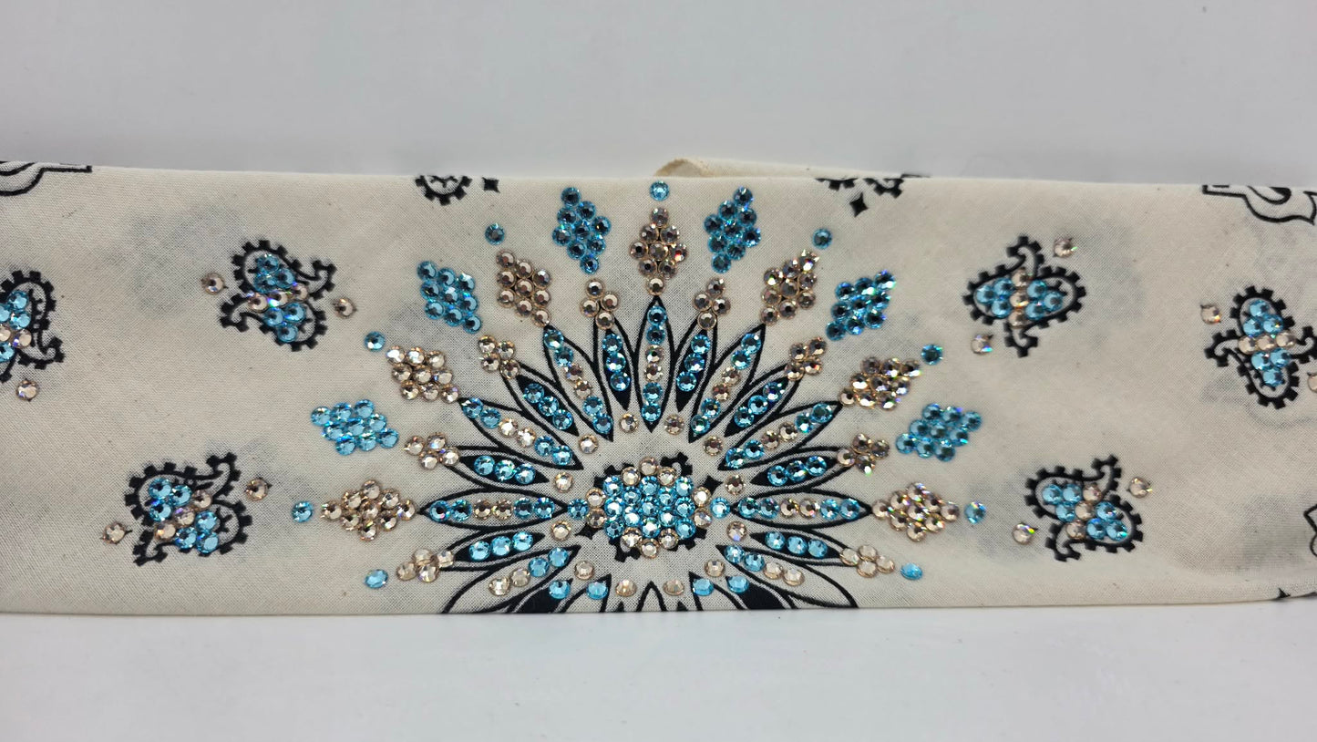 LeeAnnette Off White Paisley Bandana with Aqua and Honey Austrian Crystals (L40257)