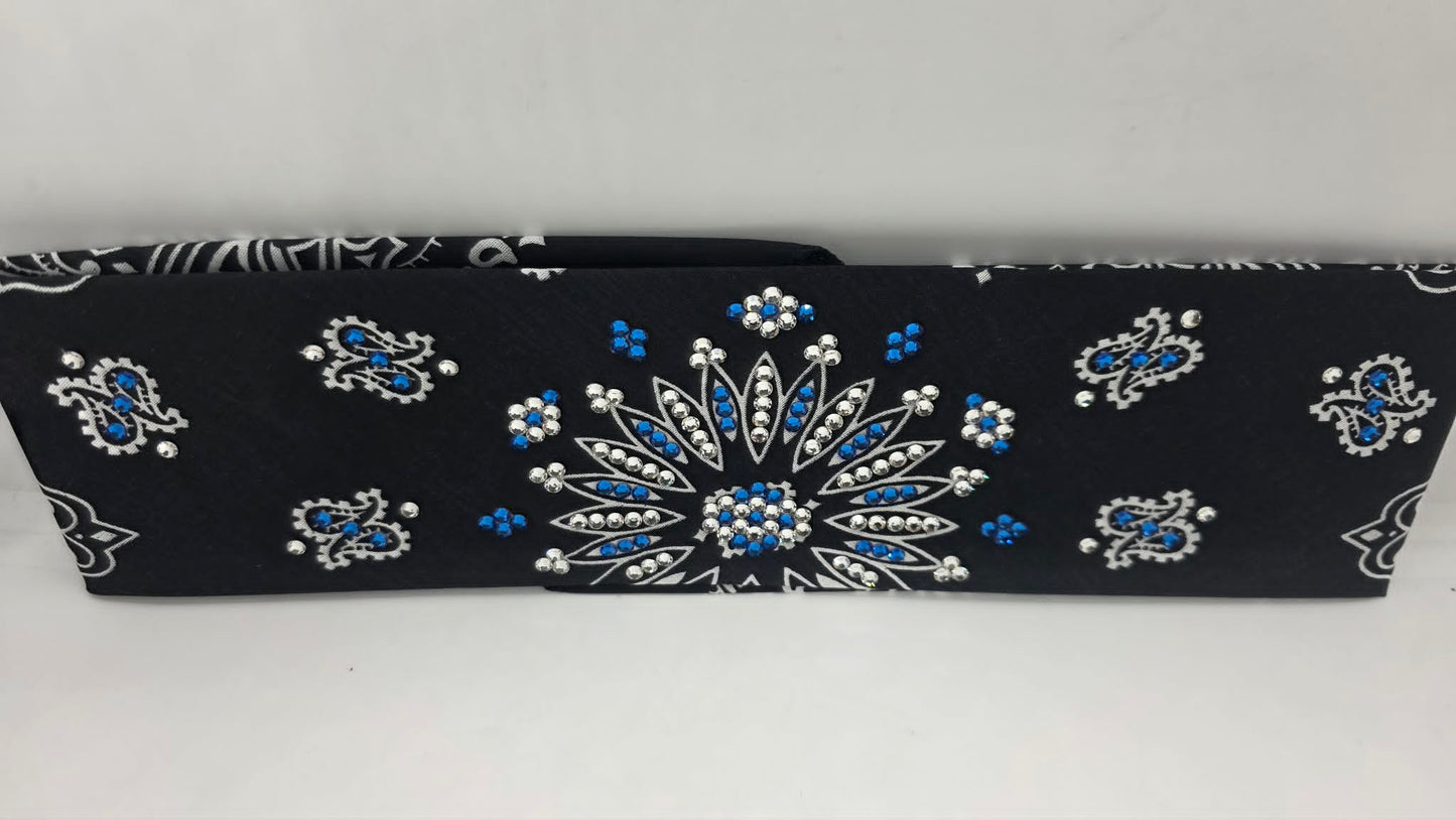 Black Paisley Bandana with Capri Blue and Diamond Clear Austrian Crystals (E60142)