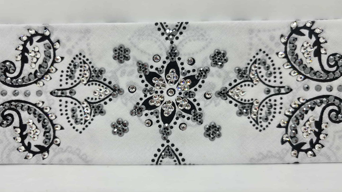 LeeAnnette Large White Flower Bandana with Black and Diamond Clear Austrian Crystals (sku40101)