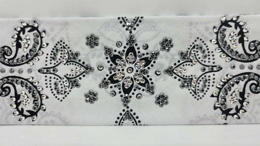 LeeAnnette Large White Flower Bandana with Black and Diamond Clear Austrian Crystals (sku40101)