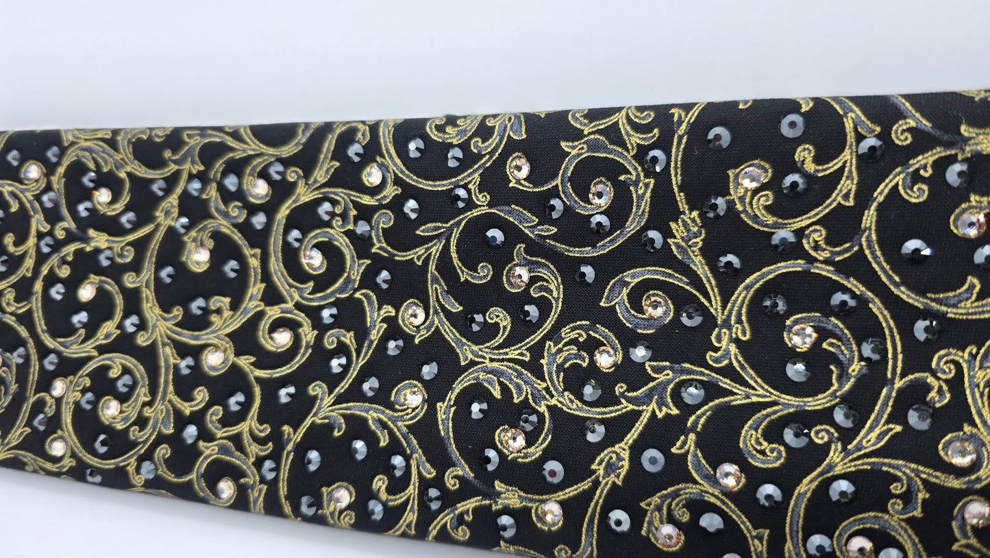 Gold Victorian on Black Bandana with Honey and Black Austrian Crystals (E60114)