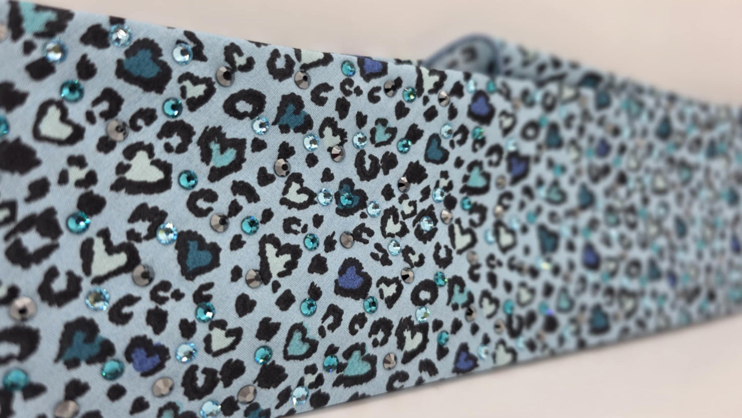 EXTRA BLING - Blue Leopard Hearts Bandana with Light Blue, Bright Blue and Black Austrian Crystals (sku6395)