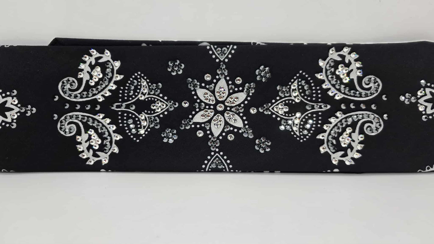 LeeAnnette Large Black Flower Bandana with Black and Diamond Clear Austrian Crystals (sku40103)