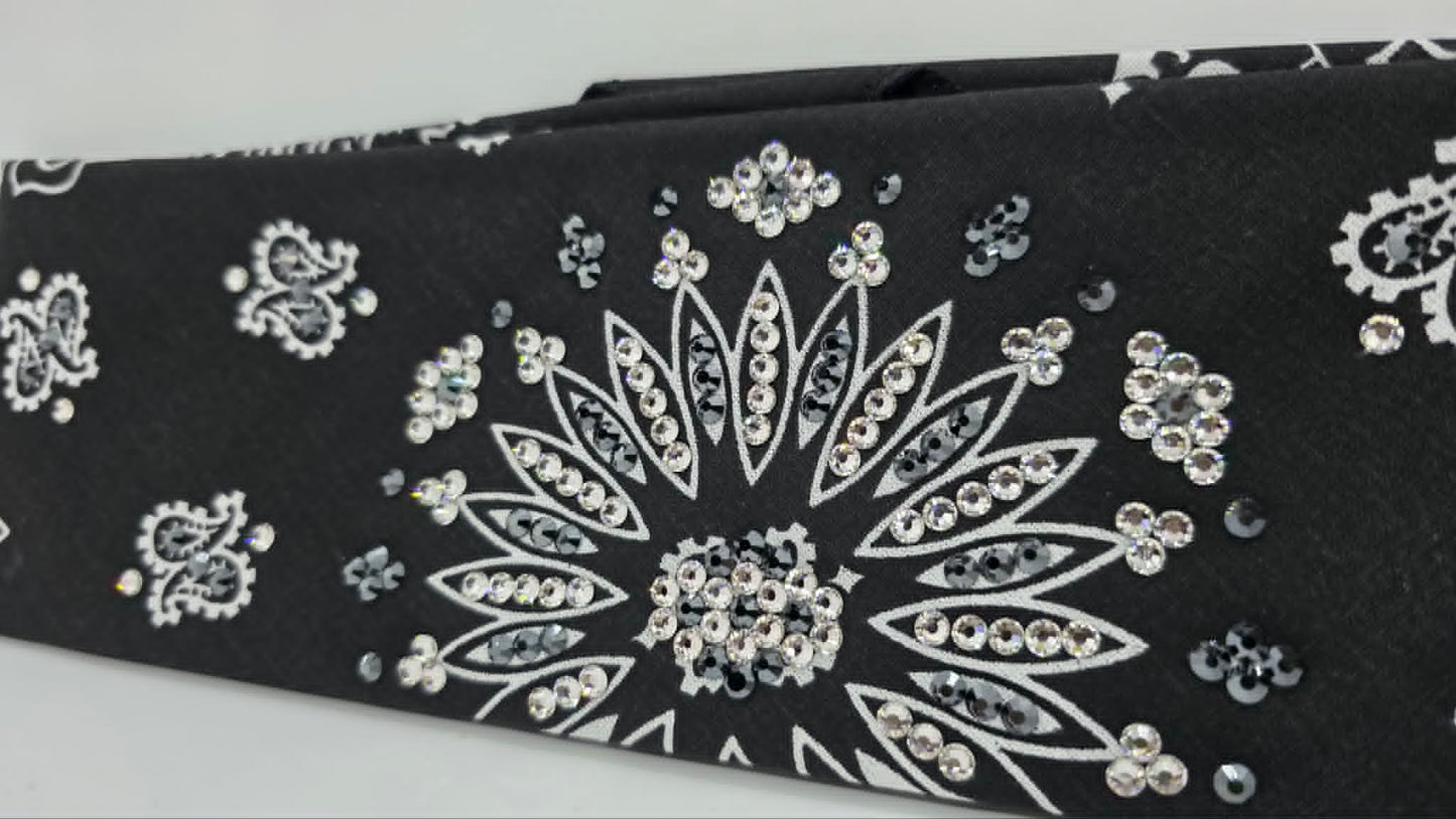 Black Paisley Bandana with Black and Diamond Clear Austrian Crystals (E60139)
