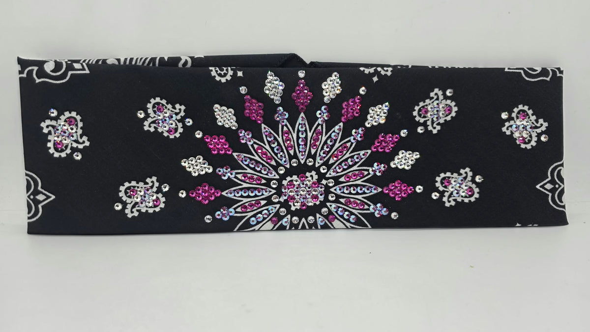 LeeAnnette Black Paisley Bandana with Fuchsia Shimmer, Fuchsia and Diamond Clear Austrian Crystals (L40292)