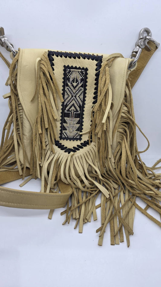 Cream Buck Skin Purse with Black Beading